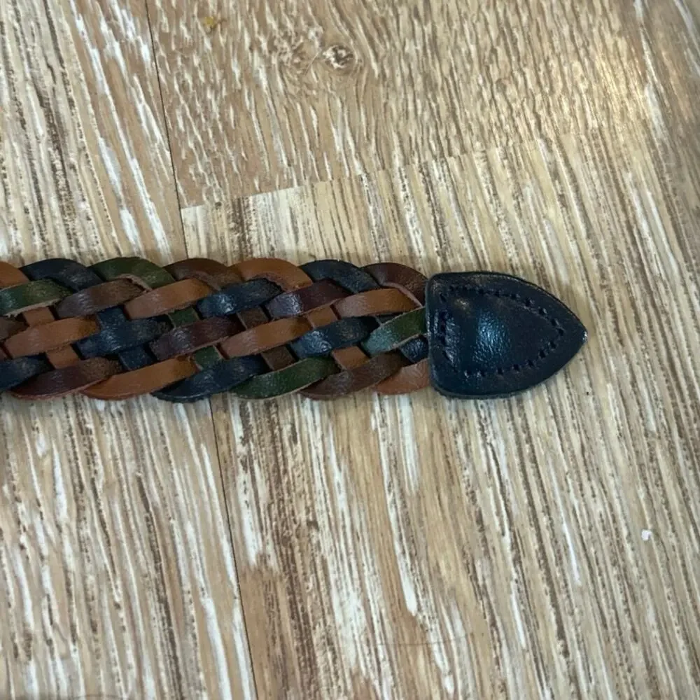Vintage Braided Leather Belt Brown Blue Green Woven Boho Preppy Western 38